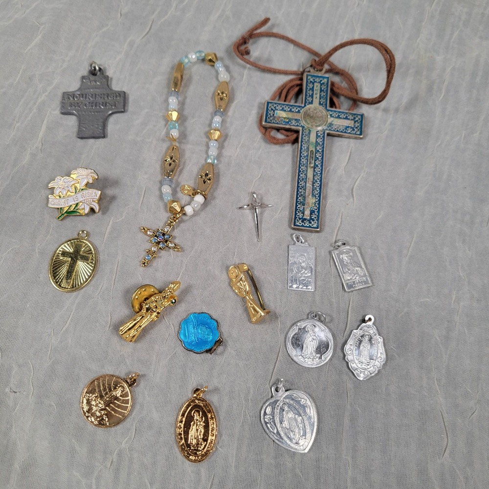 Religious Jewelry Lot Catholic Miraculous Medals Cross Pendants Rosary Pins